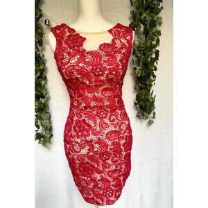 Pink Paparatzi Couture Lace Red Tan Bodycon Mini Dress XS